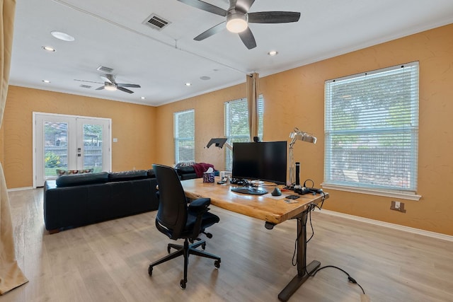 11713 Rydalwater Ln, Austin, TX 78754 - office featuring a ceiling fan, ornamental molding, light wood-style floors, recessed lighting, and baseboards