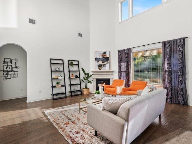 307 Ansley Cv, Lakeway, TX 78738 - living room featuring a high ceiling, wood finished floors, a glass covered fireplace, and baseboards
