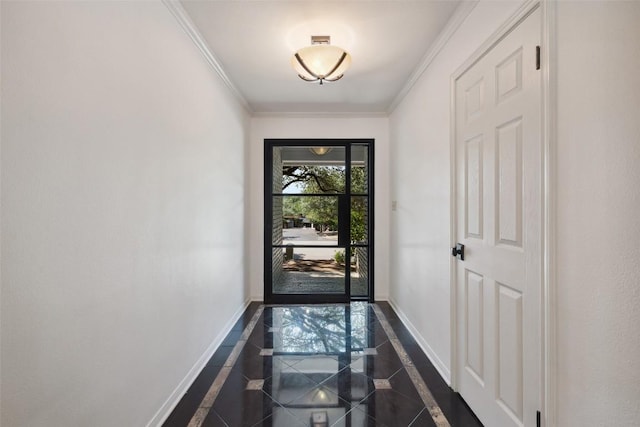 1302 Wilderness Dr, Austin, TX 78746 - doorway to outside featuring inlaid floor details, baseboards, and ornamental molding