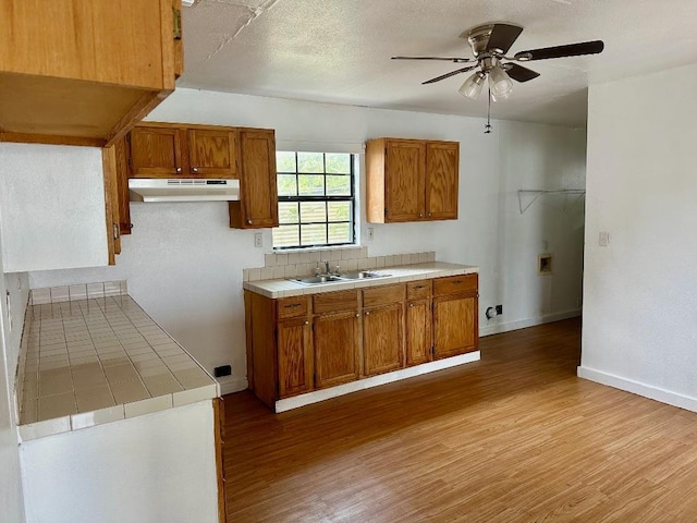 411 N Swenson St Unit 411, Falls City, TX 78113 - kitchen with under cabinet range hood, light wood-style floors, a sink, and brown cabinetry