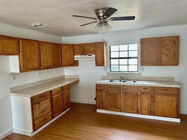 411 N Swenson St Unit 411, Falls City, TX 78113 - kitchen with a sink, under cabinet range hood, brown cabinets, and wood finished floors