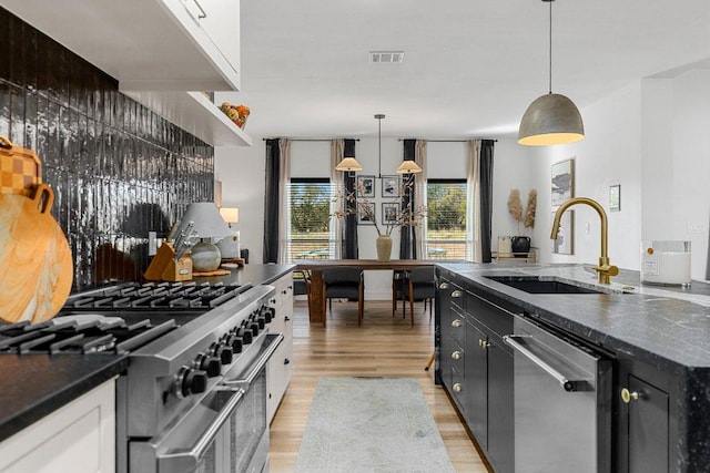 150 Wandering Oak Cir, Burnet, TX 78611 - kitchen with stainless steel appliances, light wood-style flooring, dark cabinets, and hanging light fixtures