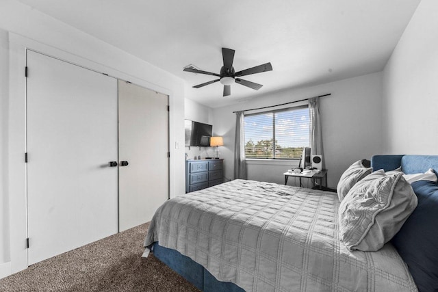 150 Wandering Oak Cir, Burnet, TX 78611 - bedroom with carpet, a closet, and a ceiling fan