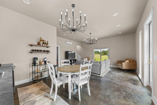 150 Wandering Oak Cir, Burnet, TX 78611 - dining room featuring a chandelier, baseboards, recessed lighting, and concrete flooring
