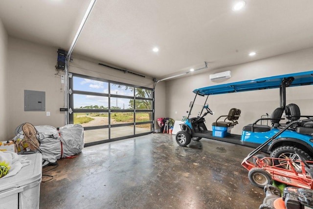 150 Wandering Oak Cir, Burnet, TX 78611 - garage with electric panel, recessed lighting, and an AC wall unit