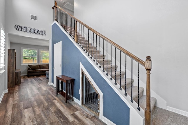 529 Cinnamon Teal Ln, Leander, TX 78641 - stairway with wood finished floors, baseboards, and a towering ceiling