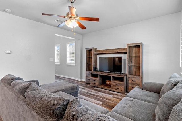 529 Cinnamon Teal Ln, Leander, TX 78641 - living room featuring wood finished floors and ceiling fan