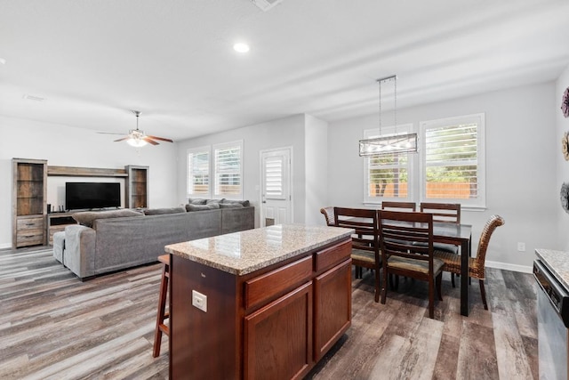 529 Cinnamon Teal Ln, Leander, TX 78641 - kitchen with stainless steel dishwasher, dark wood finished floors, a kitchen bar, a ceiling fan, and pendant lighting