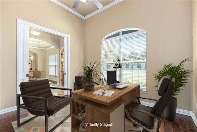 118 NE Verrena Way, Georgetown, TX 78628 - office space featuring crown molding, dark wood-style floors, baseboards, ceiling fan, and arched walkways