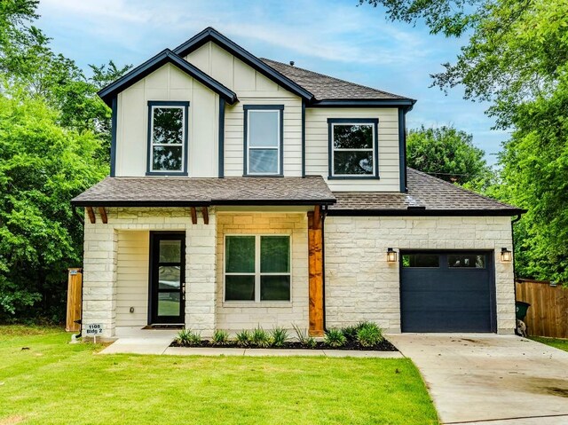 1108 Floradale Dr, Austin, TX 78753 - view of front of house featuring driveway, stone siding, a shingled roof, an attached garage, and board and batten siding