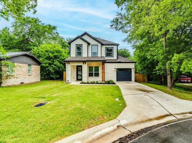 1108 Floradale Dr, Austin, TX 78753 - view of front of home with concrete driveway, stone siding, an attached garage, board and batten siding, and a porch