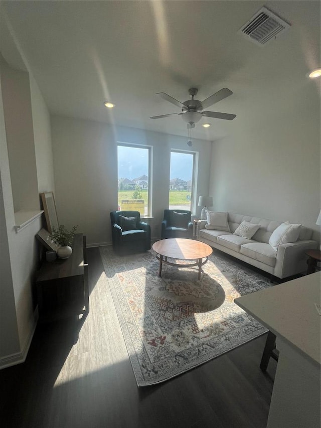 316 Witchhazel Way, San Marcos, TX 78666 - living area with ceiling fan, wood finished floors, and recessed lighting