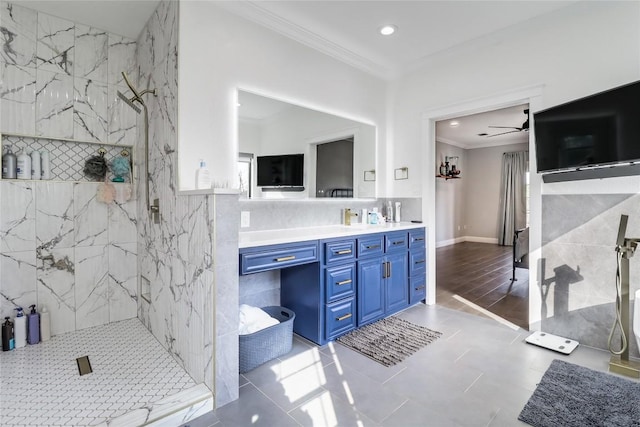 20502 Greeley Cv, Lago Vista, TX 78645 - full bath with crown molding, a marble finish shower, vanity, recessed lighting, and ceiling fan