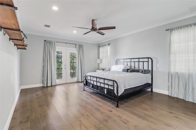 20502 Greeley Cv, Lago Vista, TX 78645 - bedroom featuring recessed lighting, wood finished floors, crown molding, access to exterior, and french doors