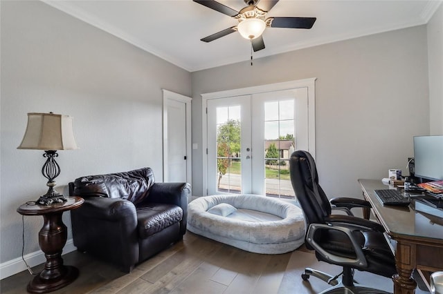 20502 Greeley Cv, Lago Vista, TX 78645 - office area featuring wood finished floors, ceiling fan, crown molding, and french doors