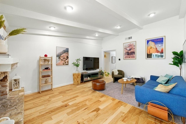 5202 Hedgewood Dr, Austin, TX 78745 - living area featuring wood finished floors and beam ceiling