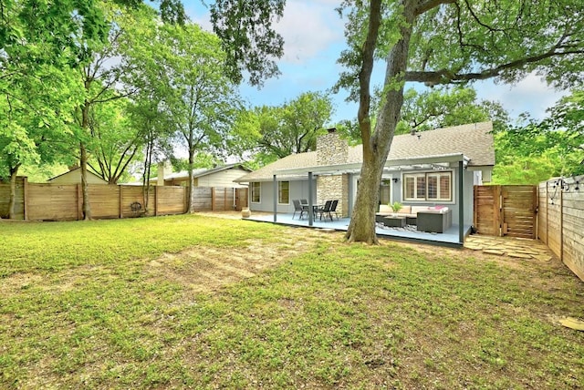 5202 Hedgewood Dr, Austin, TX 78745 - rear view of house featuring a chimney, outdoor lounge area, a patio area, and a shingled roof