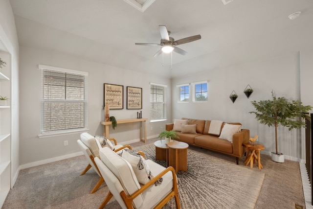 4356 Mayfield Ranch Blvd, Round Rock, TX 78681 - carpeted living room featuring ceiling fan and baseboards