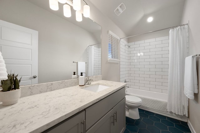 4356 Mayfield Ranch Blvd, Round Rock, TX 78681 - bathroom featuring vanity, toilet, shower / bath combo with shower curtain, tile patterned floors, and lofted ceiling