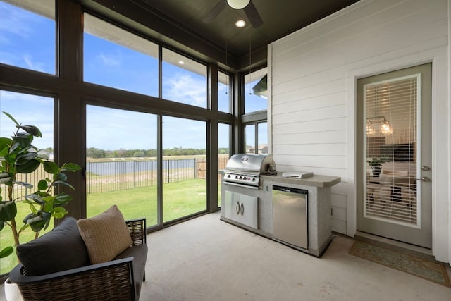 4356 Mayfield Ranch Blvd, Round Rock, TX 78681 - sunroom with exterior kitchen, a water view, ceiling fan, and healthy amount of natural light