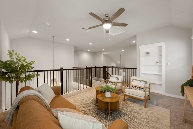 4356 Mayfield Ranch Blvd, Round Rock, TX 78681 - sitting room featuring lofted ceiling, a ceiling fan, built in features, carpet, and recessed lighting