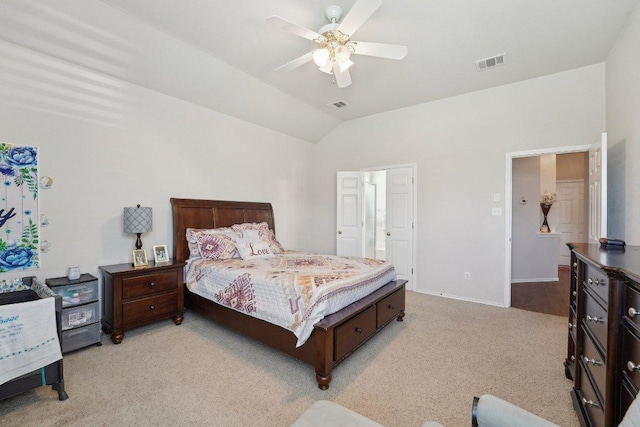 4013 Veiled Falls Dr, Pflugerville, TX 78660 - bedroom featuring light colored carpet, lofted ceiling, baseboards, and ceiling fan