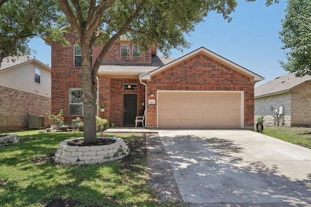 4013 Veiled Falls Dr, Pflugerville, TX 78660 - view of front of home featuring concrete driveway, brick siding, a garage, central AC, and a front lawn