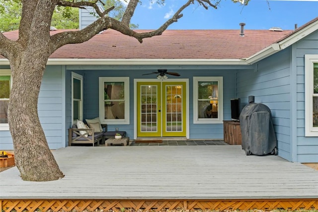 12420 Cassady Dr, Austin, TX 78727 - wooden deck featuring french doors and a ceiling fan