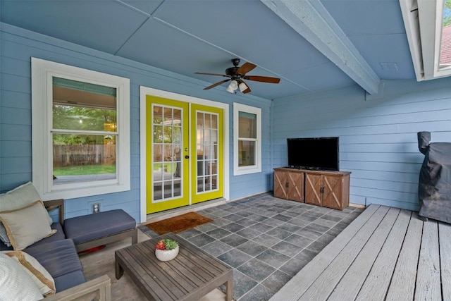 12420 Cassady Dr, Austin, TX 78727 - wooden terrace featuring french doors, ceiling fan, an outdoor living space, and a patio area