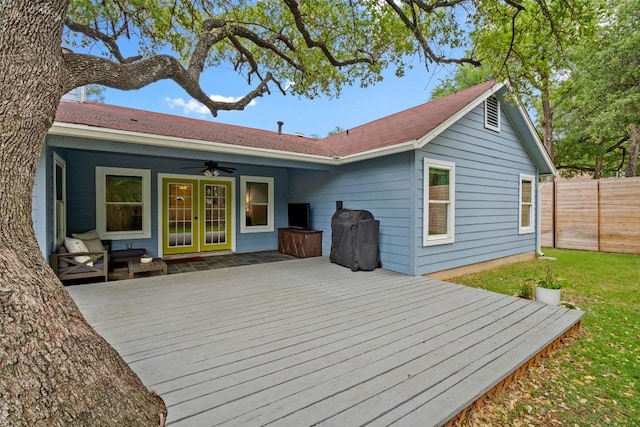 12420 Cassady Dr, Austin, TX 78727 - wooden terrace with ceiling fan and grilling area