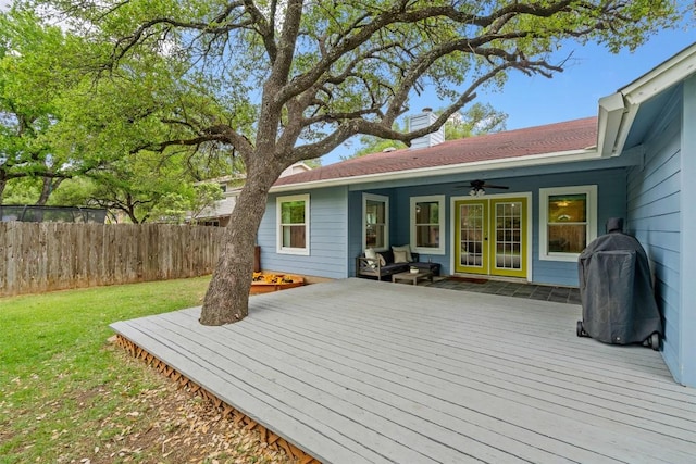 12420 Cassady Dr, Austin, TX 78727 - wooden deck with a ceiling fan and grilling area