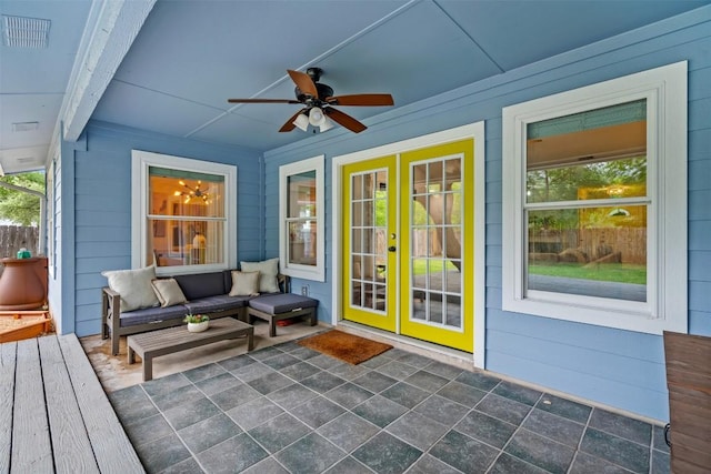 12420 Cassady Dr, Austin, TX 78727 - wooden deck featuring a ceiling fan and french doors