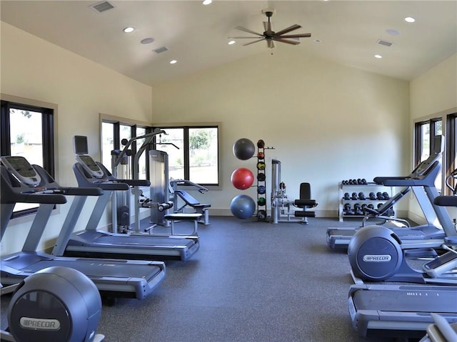 550 Cortona Ln, Georgetown, TX 78628 - workout area featuring healthy amount of natural light, ceiling fan, recessed lighting, baseboards, and high vaulted ceiling