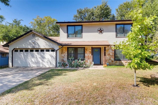 9214 Independence Loop, Austin, TX 78748 - view of front of property with a garage, stone siding, driveway, a front lawn, and a porch