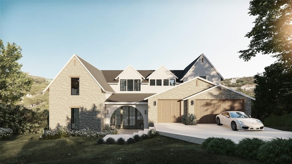 2715 Trail Of The Madrones, Austin, TX 78746 - view of front of property featuring stone siding, concrete driveway, a garage, and stucco siding