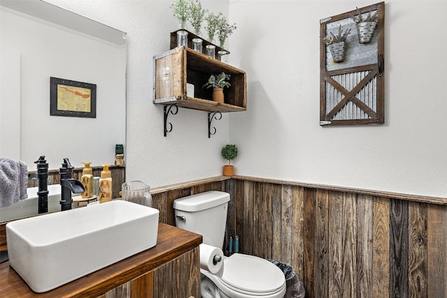 4414 Three Creek Trl, Spicewood, TX 78669 - half bath featuring a wainscoted wall, toilet, vanity, and wood walls