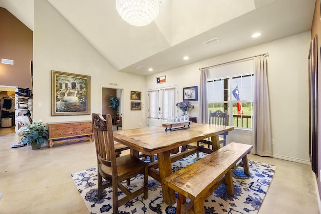 192 Indian Oaks Pass, Blanco, TX 78606 - dining area featuring high vaulted ceiling, a chandelier, and recessed lighting