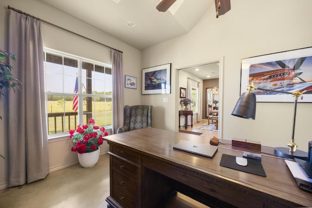 192 Indian Oaks Pass, Blanco, TX 78606 - office area with ceiling fan, vaulted ceiling, and recessed lighting