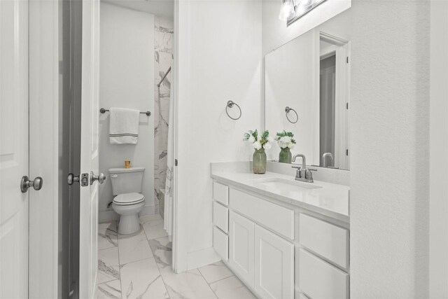 116 Egret Ln, Austin, TX 78737 - bathroom with marble finish flooring, vanity, toilet, and a shower with curtain