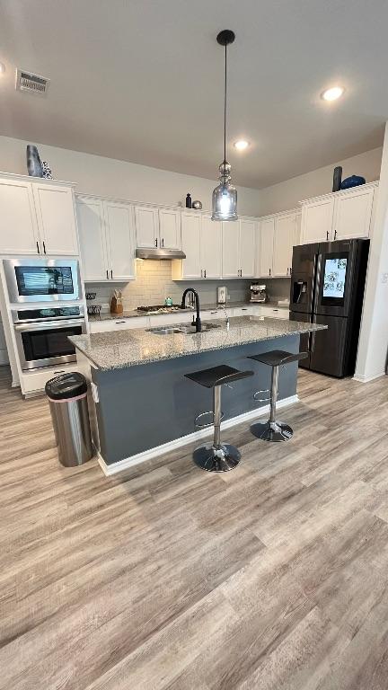 157 Monroe Dr, Kyle, TX 78640 - kitchen with appliances with stainless steel finishes, under cabinet range hood, white cabinets, light wood-style flooring, and a sink