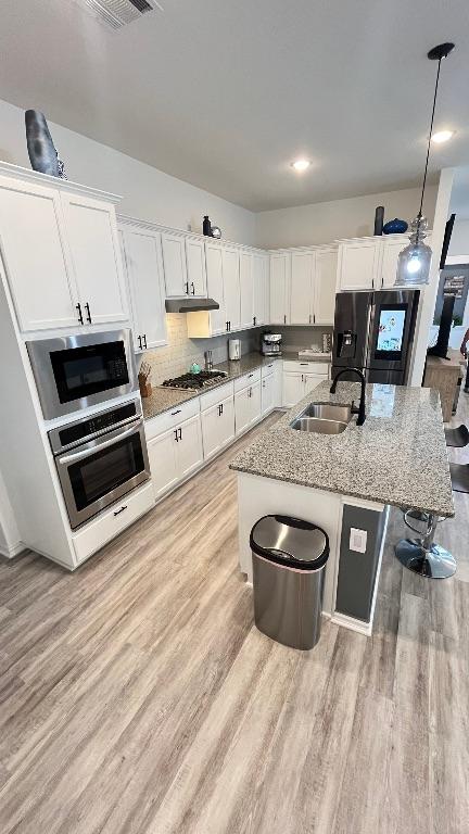 157 Monroe Dr, Kyle, TX 78640 - kitchen featuring a sink, appliances with stainless steel finishes, under cabinet range hood, and light wood-style floors