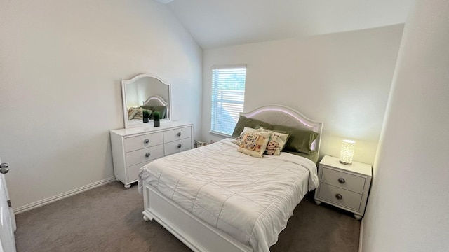 157 Monroe Dr, Kyle, TX 78640 - bedroom with dark carpet, vaulted ceiling, and baseboards