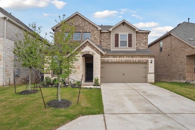 1305 Crescent Ln, Georgetown, TX 78633 - traditional-style house featuring concrete driveway, a front yard, a garage, brick siding, and roof with shingles