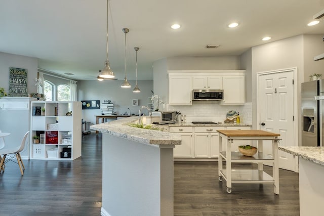 745 Bent Wood Pl, Round Rock, TX 78665 - kitchen featuring stainless steel appliances, dark wood-style floors, decorative backsplash, white cabinets, and recessed lighting