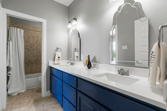 13420 Trail Driver St, Austin, TX 78737 - full bath with double vanity, shower / bathtub combination with curtain, and tile patterned floors
