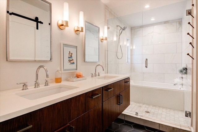 2504 Willow St Unit A, Austin, TX 78702 - full bathroom with double vanity, shower / washtub combination, tile patterned floors, and recessed lighting