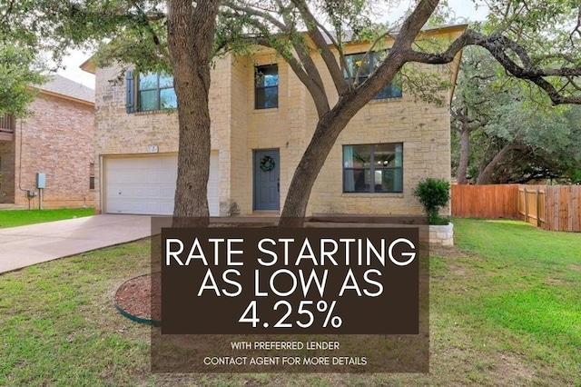 223 Woodlake Dr, Georgetown, TX 78633 - view of front of home with stone siding, an attached garage, and concrete driveway