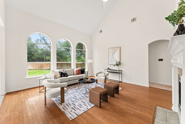 5708 Bexley Ct, Austin, TX 78739 - living room featuring arched walkways, a fireplace with flush hearth, wood finished floors, high vaulted ceiling, and baseboards