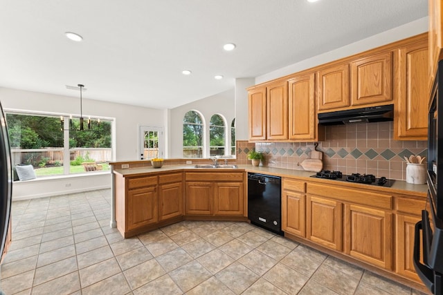 5708 Bexley Ct, Austin, TX 78739 - kitchen with black appliances, under cabinet range hood, a sink, decorative backsplash, and a peninsula