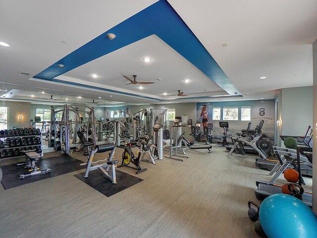 1900 Barton Springs Rd Unit 4013, Austin, TX 78704 - gym with a raised ceiling, a ceiling fan, recessed lighting, and carpet floors